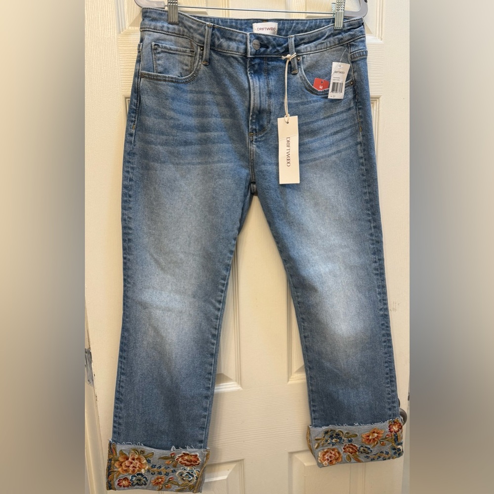 Driftwood Embroidered Collette Floral Cuffed Crop Jeans.